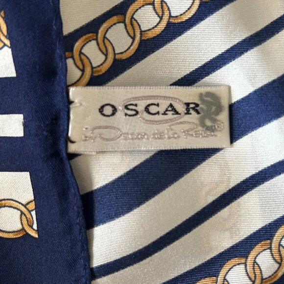 Oscar de la Renta 100% silk scarf white and navy stripe with gold chain detail - Picture 6 of 8